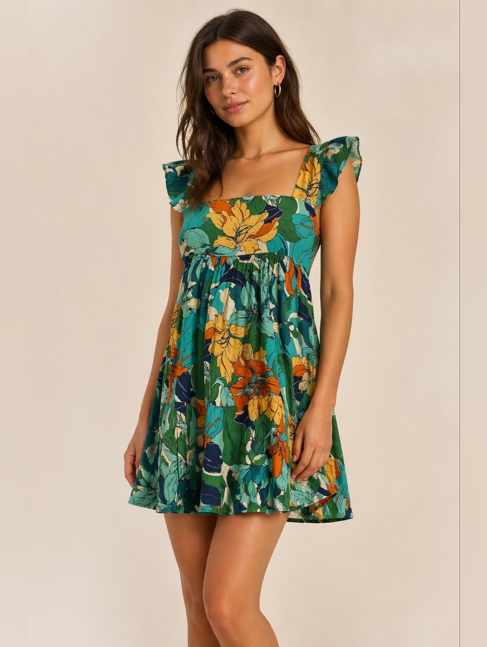 Band Of The Free Viscise Green Floral Square-Neck Mini Dress Size M